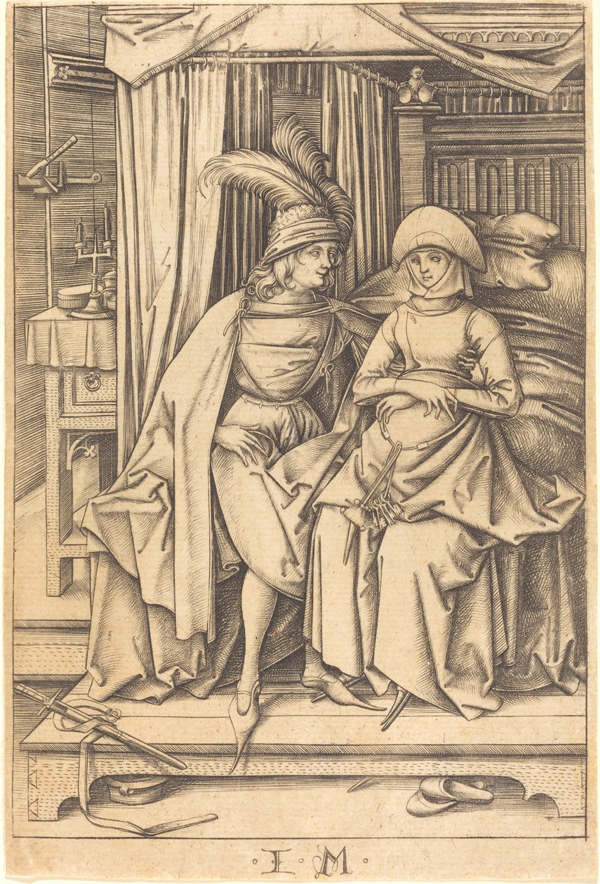 Par siddende på en seng, ca. 14951503. af Israhel van Meckenem
