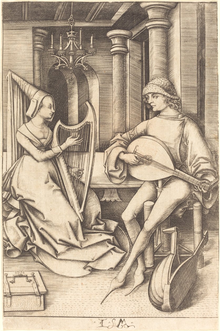 Lutespilleren og harpespilleren, ca. 14951503. af Israhel van Meckenem