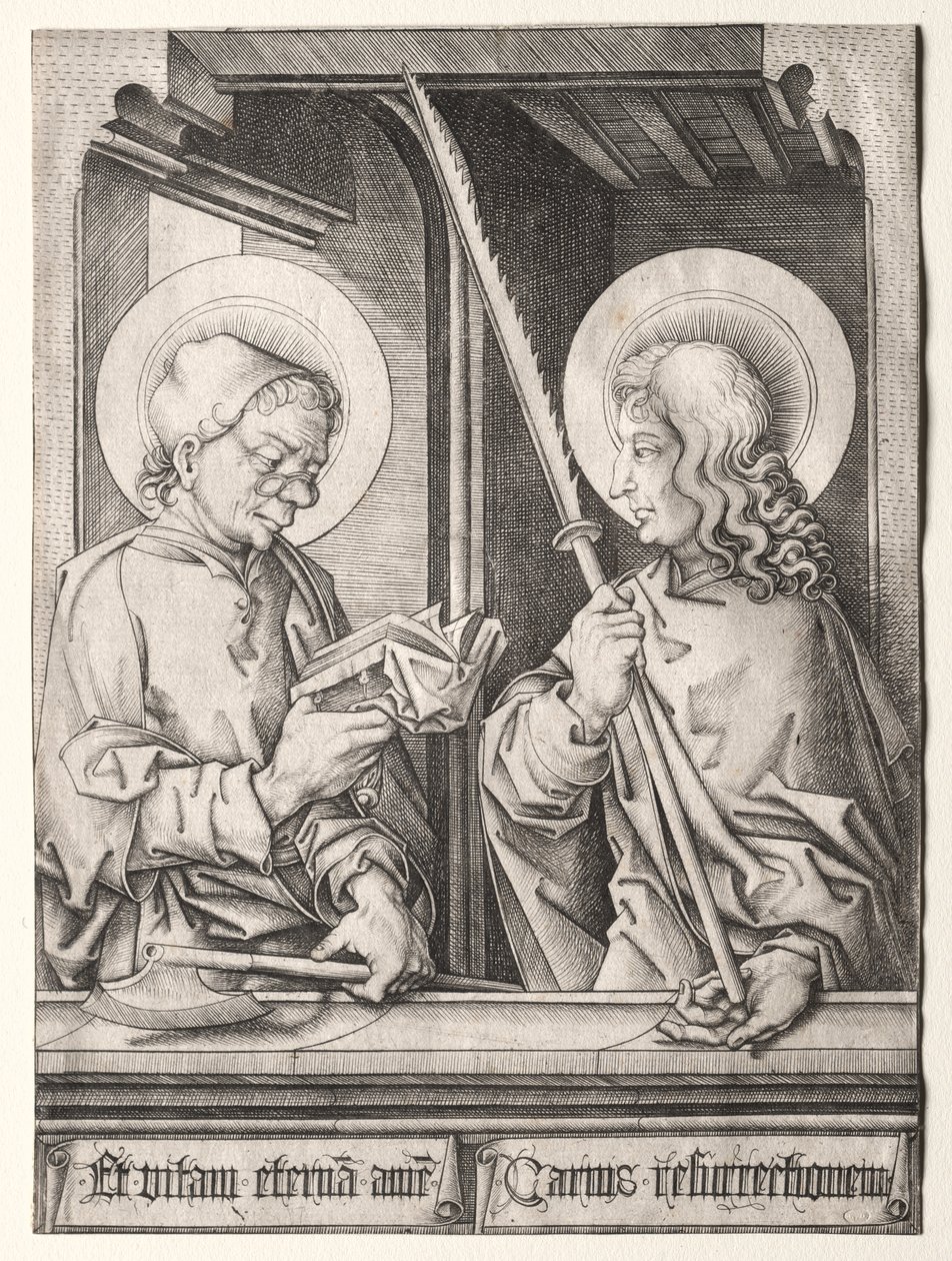 De tolv apostle ved gotiske vinduer: St. Matthias og St. Judas Thaddaeus af Israhel van Meckenem