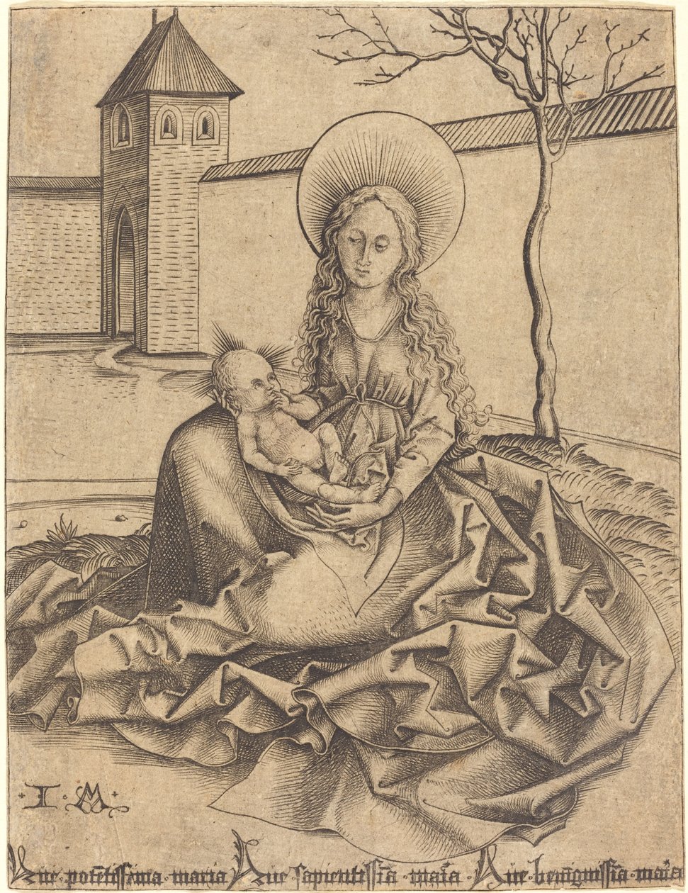 Jomfru og barn i en gårdhave af Israhel van Meckenem after Martin Schongauer