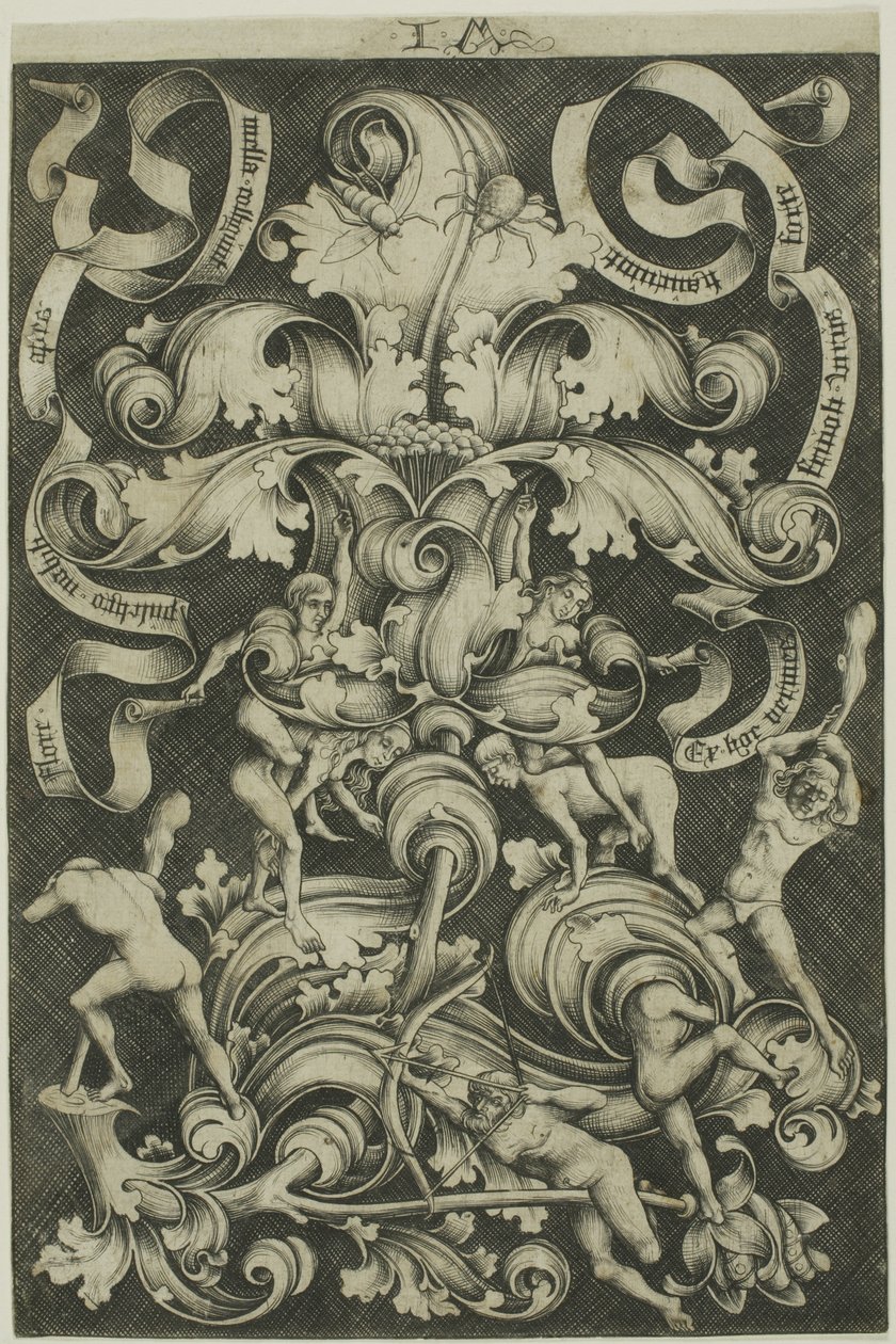 Ornament med blomst og otte vilde mennesker af Israhel van Meckenem the younger