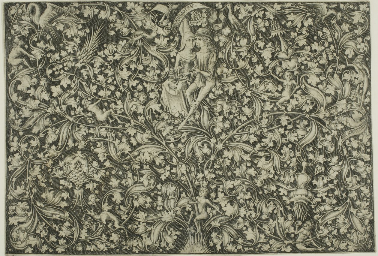 Ornamentalt panel med to elskende af Israhel van Meckenem the younger