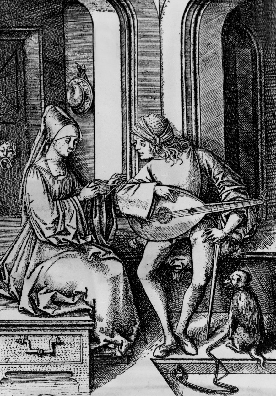 En kvinde synger, mens en mand spiller en lut (gravering) af Israhel van the younger Meckenem