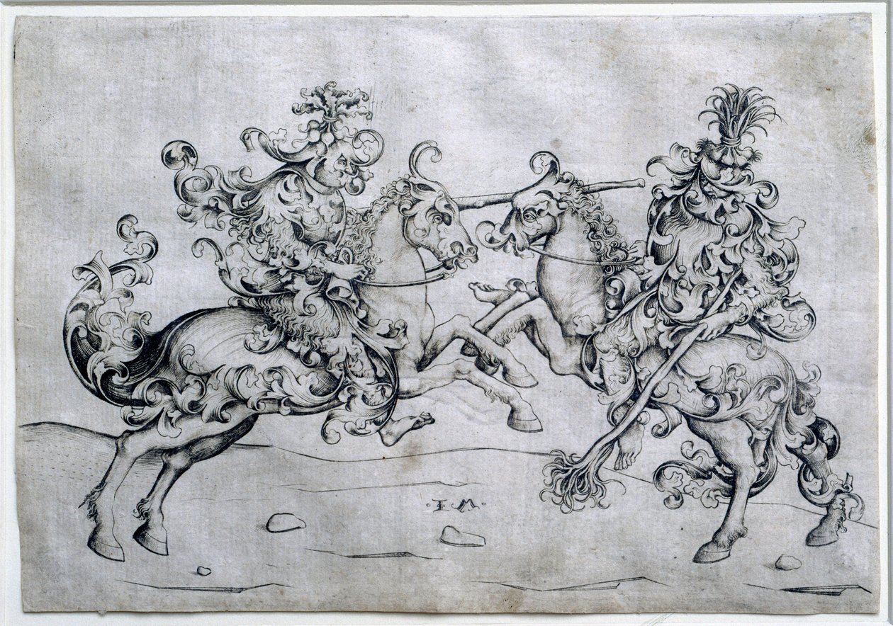 To ryttere spiller. Spil med to mænd til hest. Tegning af Israel Van Meckenem (ca. 1440-1503). Louvre-museet af Israhel van the younger Meckenem