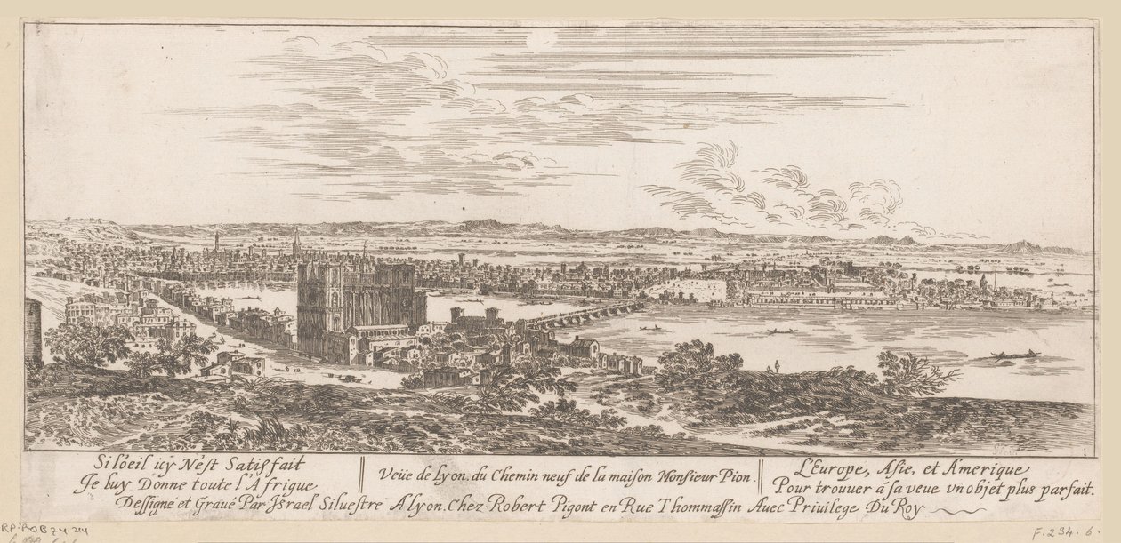 Udsigt over Lyon fra hr. Pions hus Veue de Lyon du Chemin neuf de la maison Monsieur Pion (titel på objektet) af Israël Silvestre