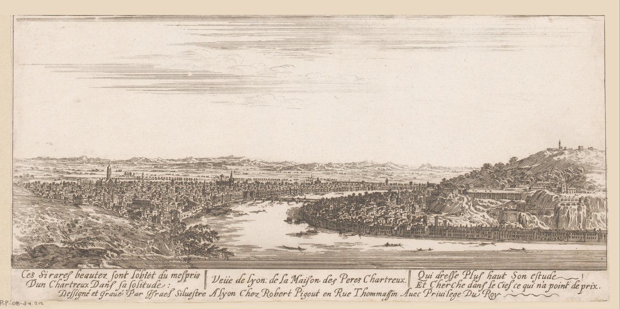 Udsigt over Lyon fra karteuserklosteret Veue de Lyon de la Maison des Peres Chartreux (titel på objekt) af Israël Silvestre