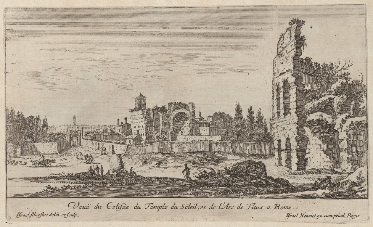 Udsigt over Colosseum i Soltemplet og Titusbuen i Rom af Israël Silvestre