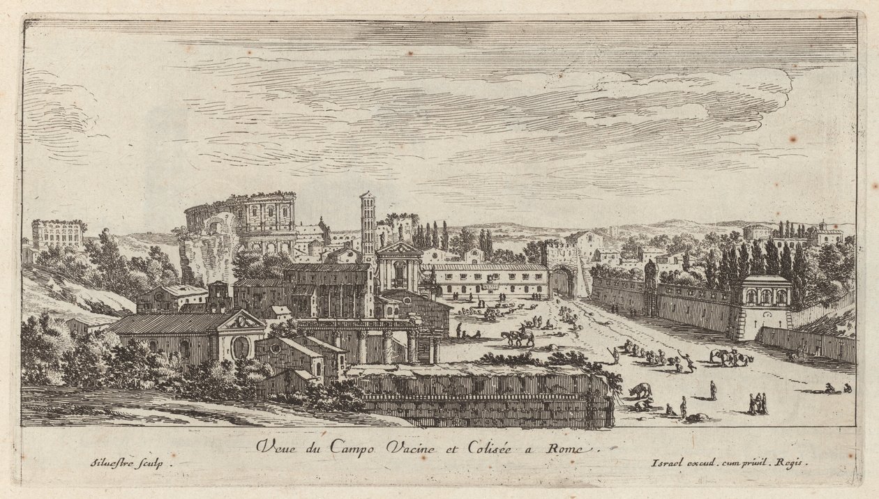 Udsigt over Campo Vaccino og Colosseum i Rom af Israël Silvestre