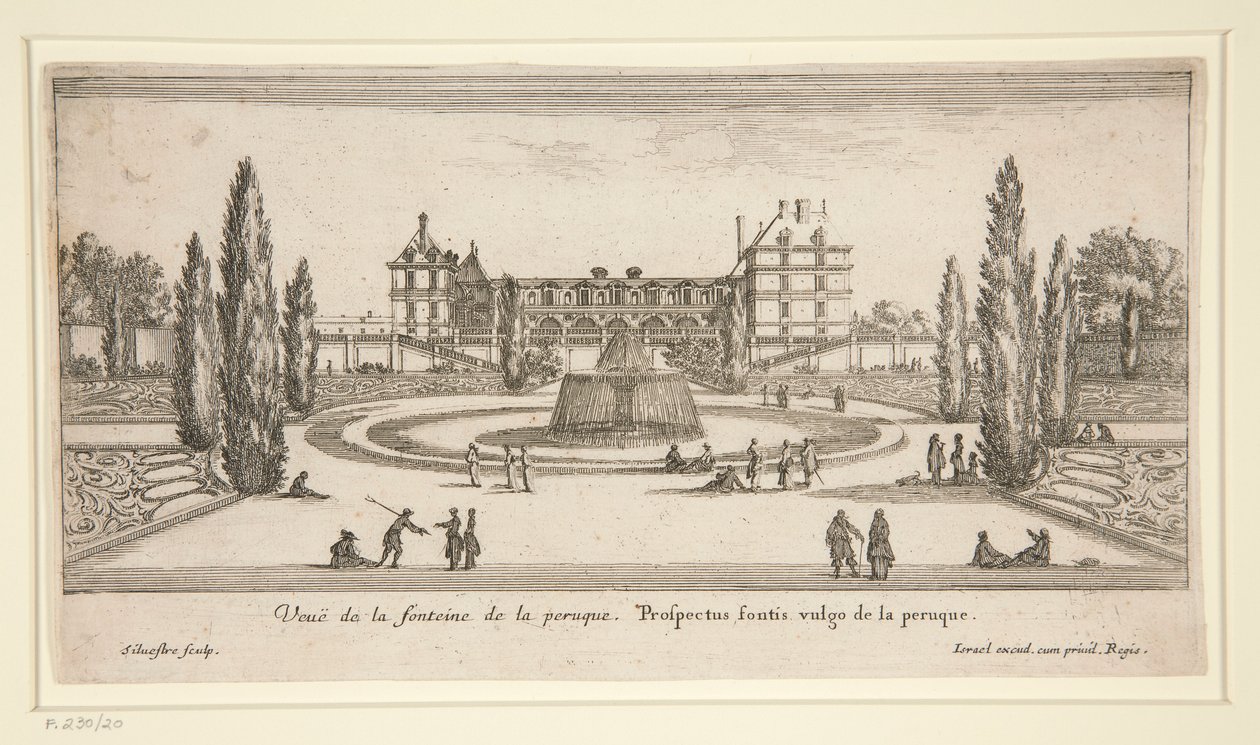 Udsigt over Chateau Liencourt: En gårdhave med et springvand af Israël Silvestre