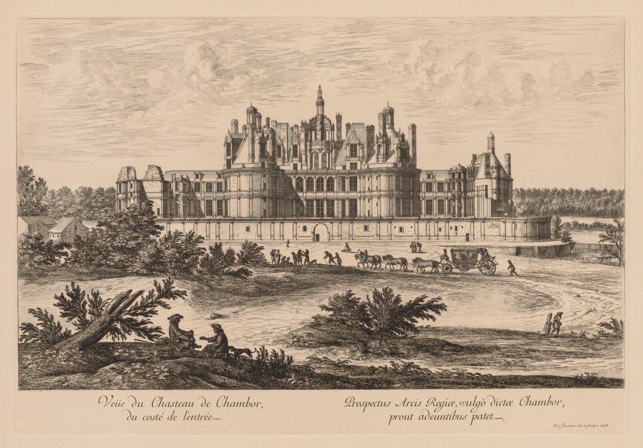 Udsigt over Château de Chambord, fra siden af ​​indgangen, 1678. af Israël Silvestre