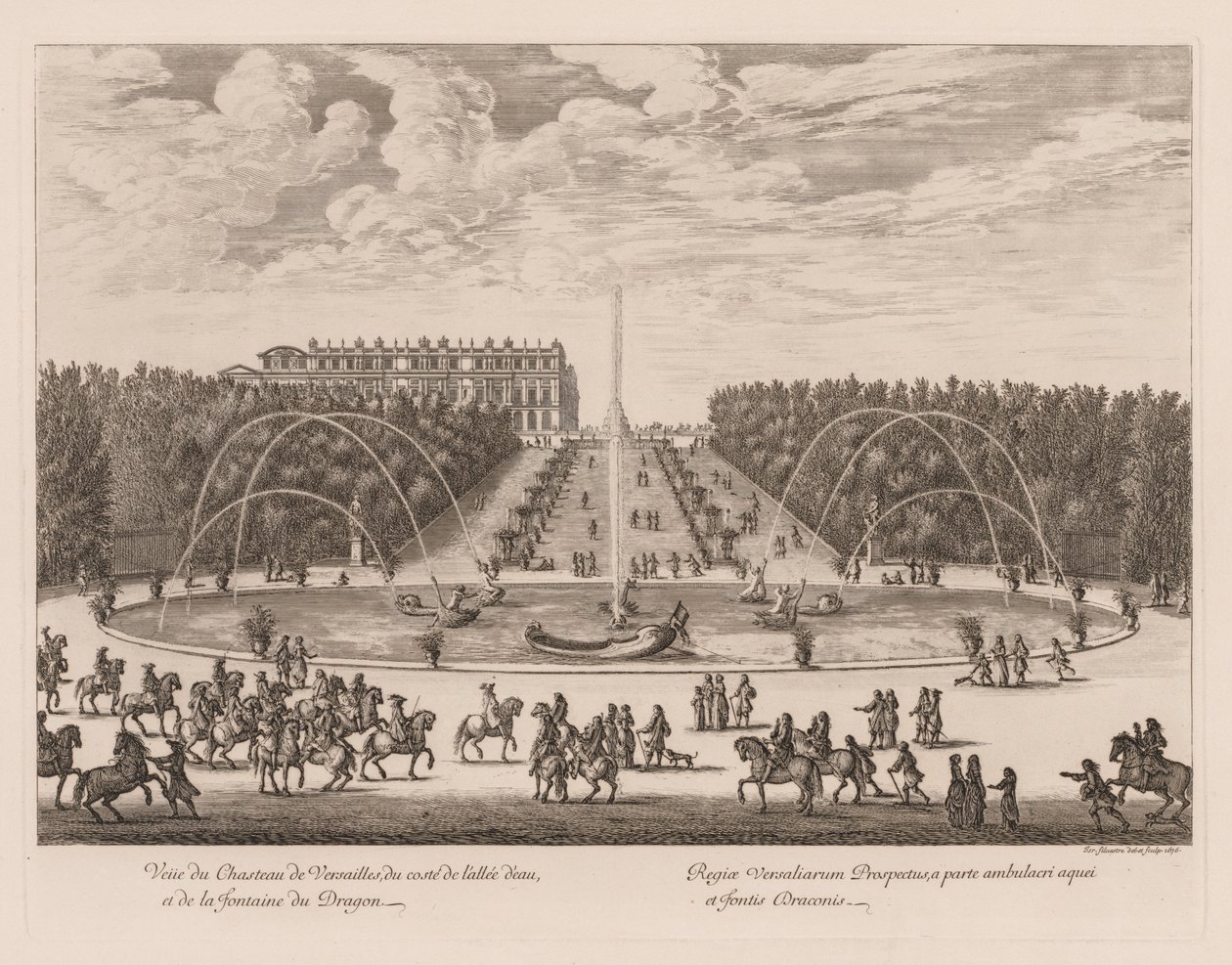 Udsigt over Château de Versailles, fra siden af ​​banen og Dragon-fontænen, 1676. af Israël Silvestre