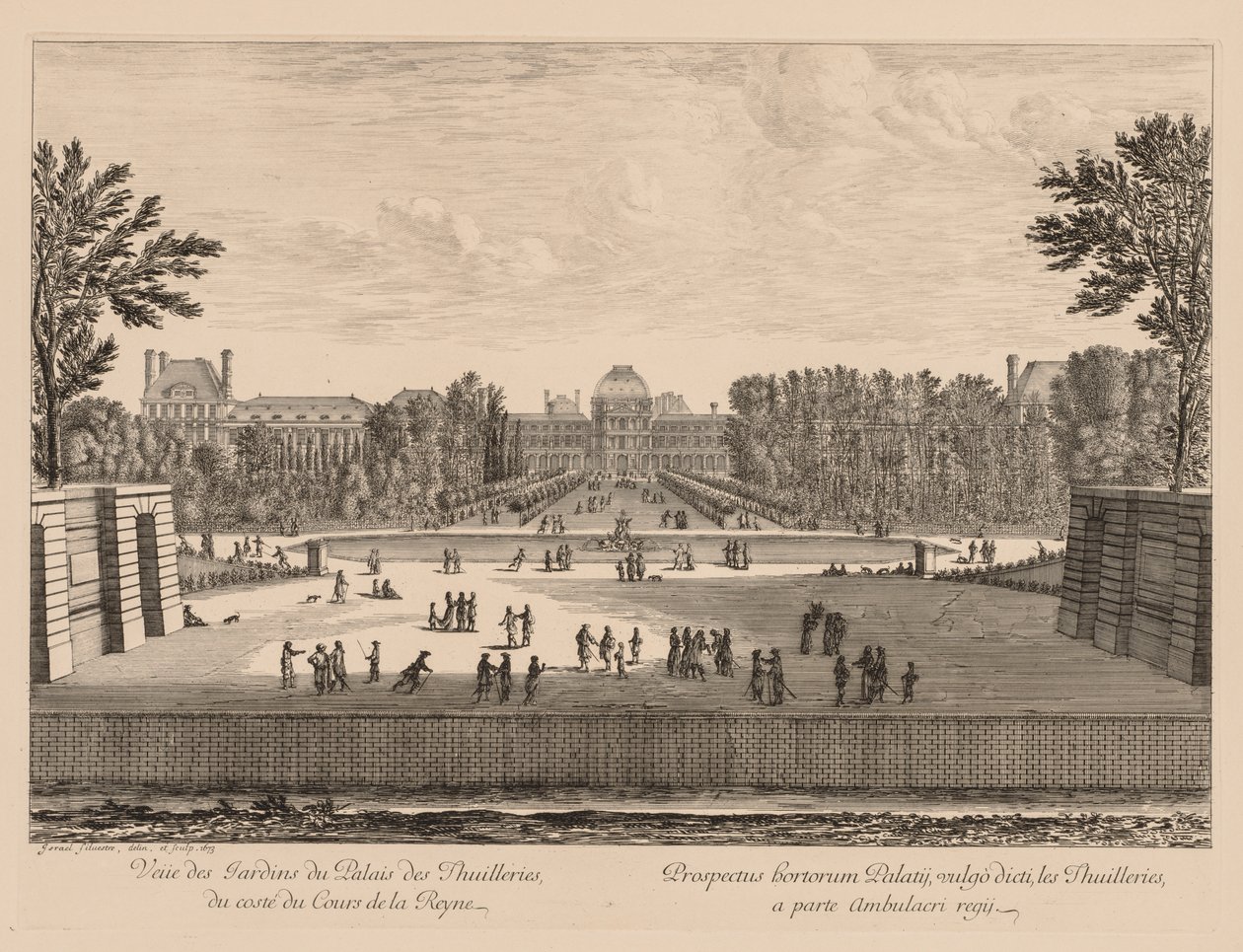 Udsigt over Tuileries-paladset og haverne fra Cours la Reine-siden, 1673. af Israël Silvestre