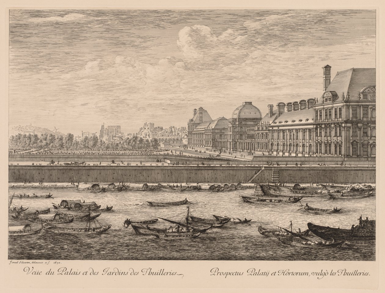 Udsigt over Tuileries Palace og Gardens, fra siden af ​​kajen, 1670. af Israël Silvestre