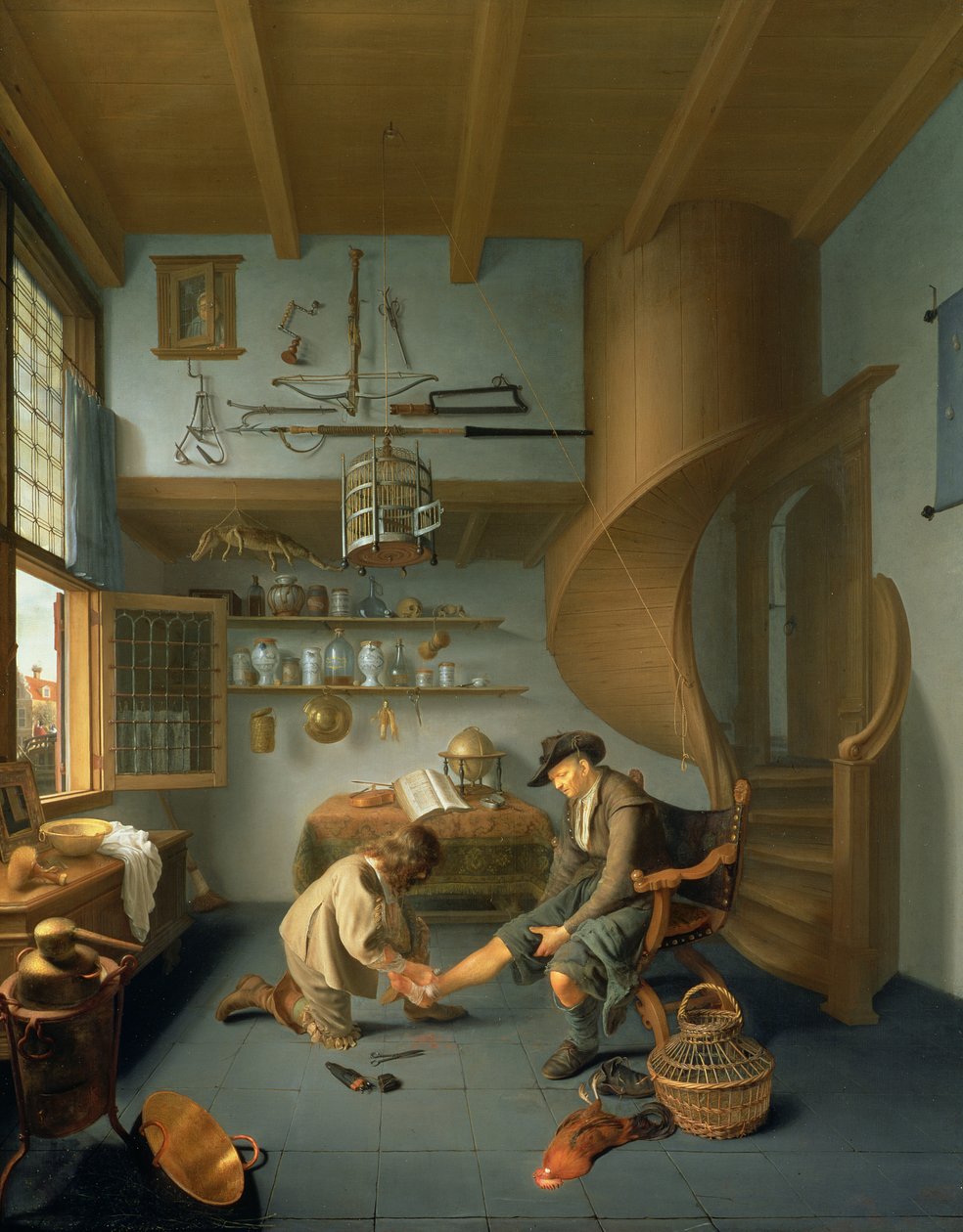 En frisørkirurg, der plejer en bondes fod, ca. 1650 (panel) af Issac Koedyck