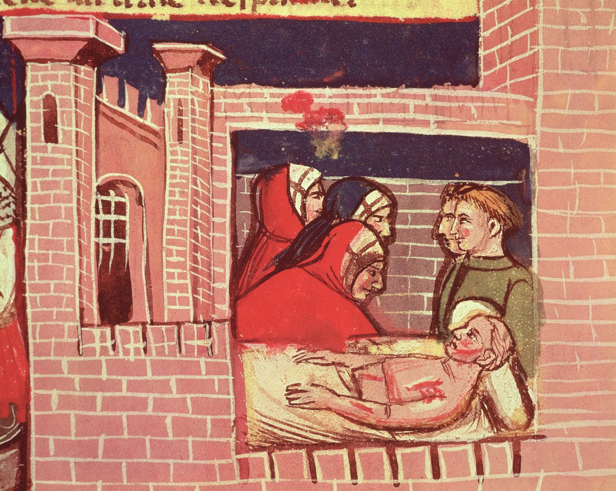 Pleje af en såret mand på et slot, fra en venetiansk kodeks af Italian School