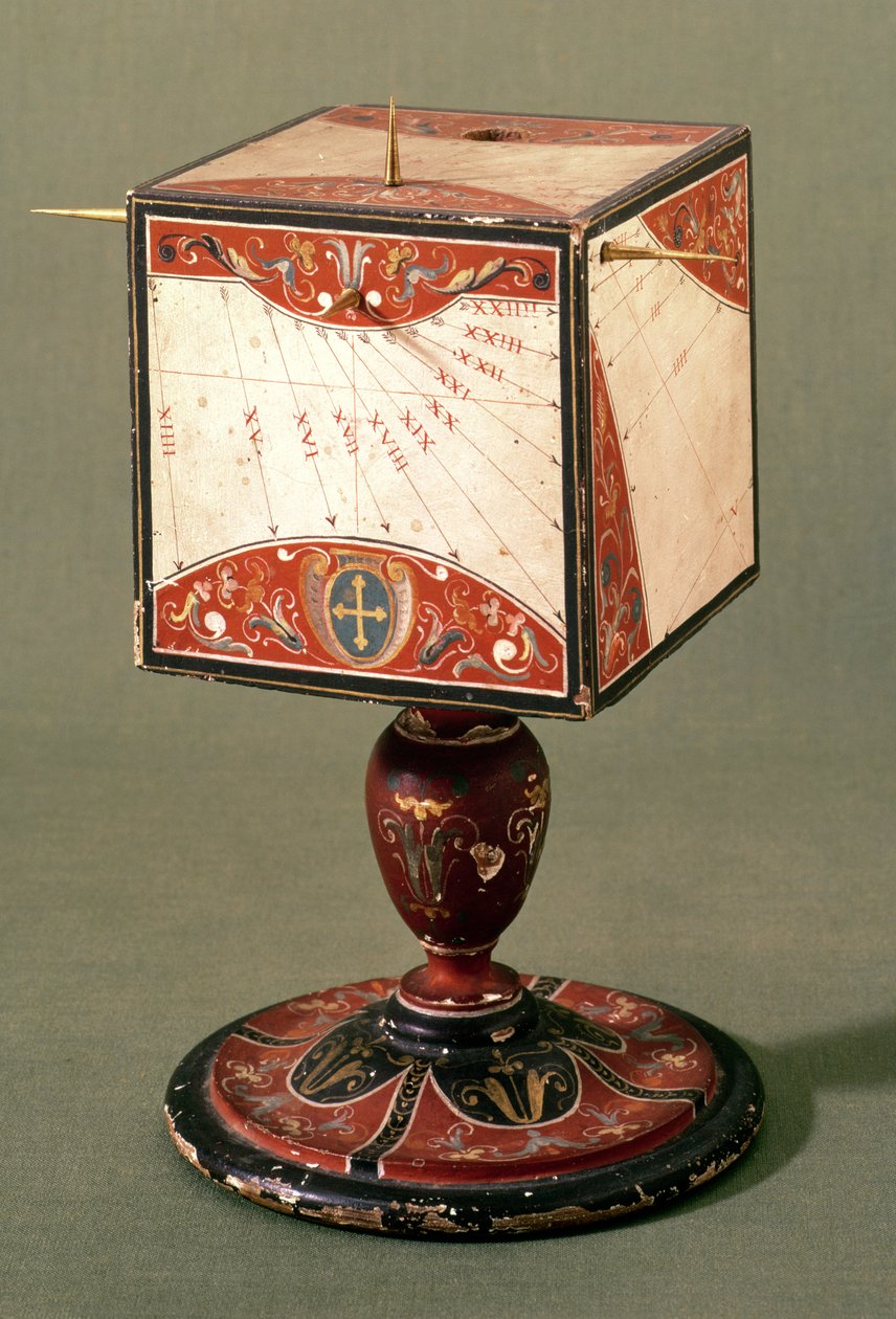 Kubisk solur, der viser tiden i oldtidens italienske, babylonske og jødiske timesystemer, florentinsk, ca. 1560 (hundesyge på træ) (se også 260952) af Italian School