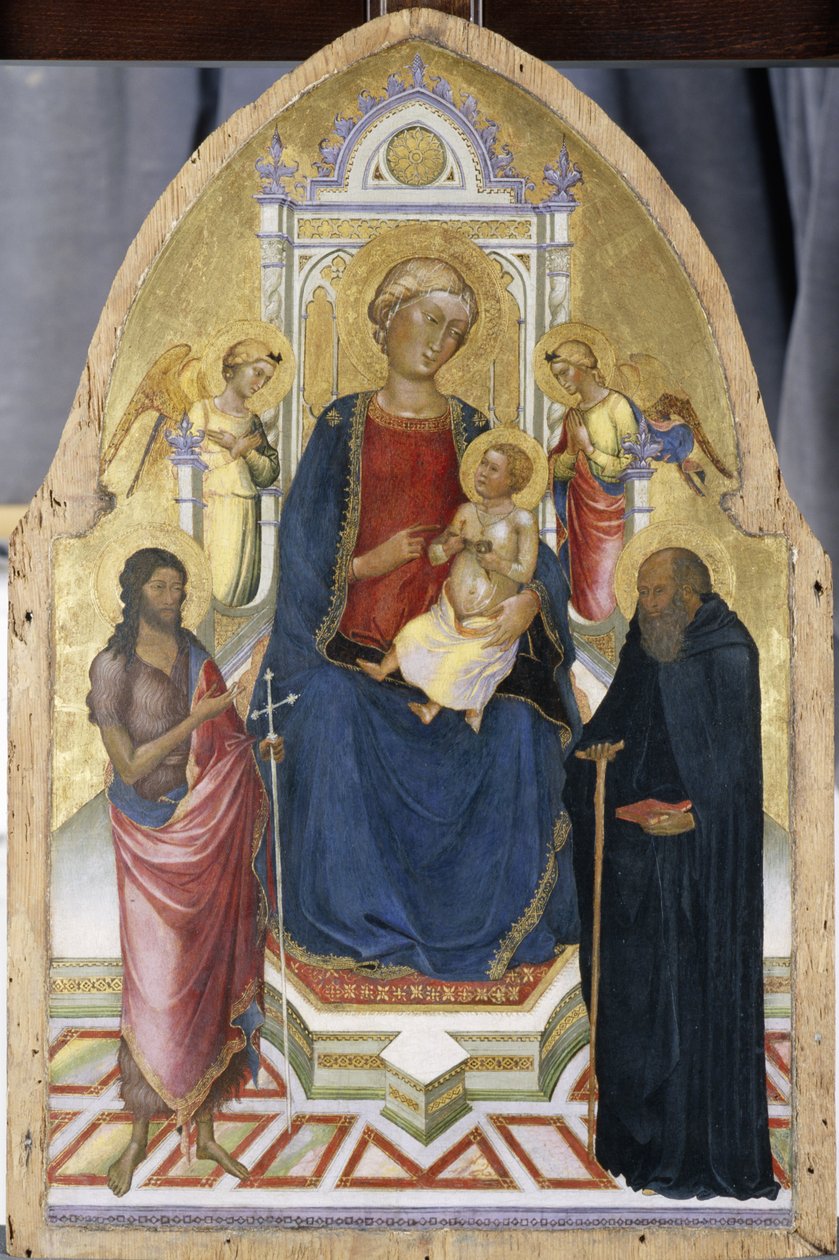 Tronet Madonna og barn med de hellige Johannes Døberen og Anthony, ca. 1380-90 (tempera på fyrretræ) af Italian School