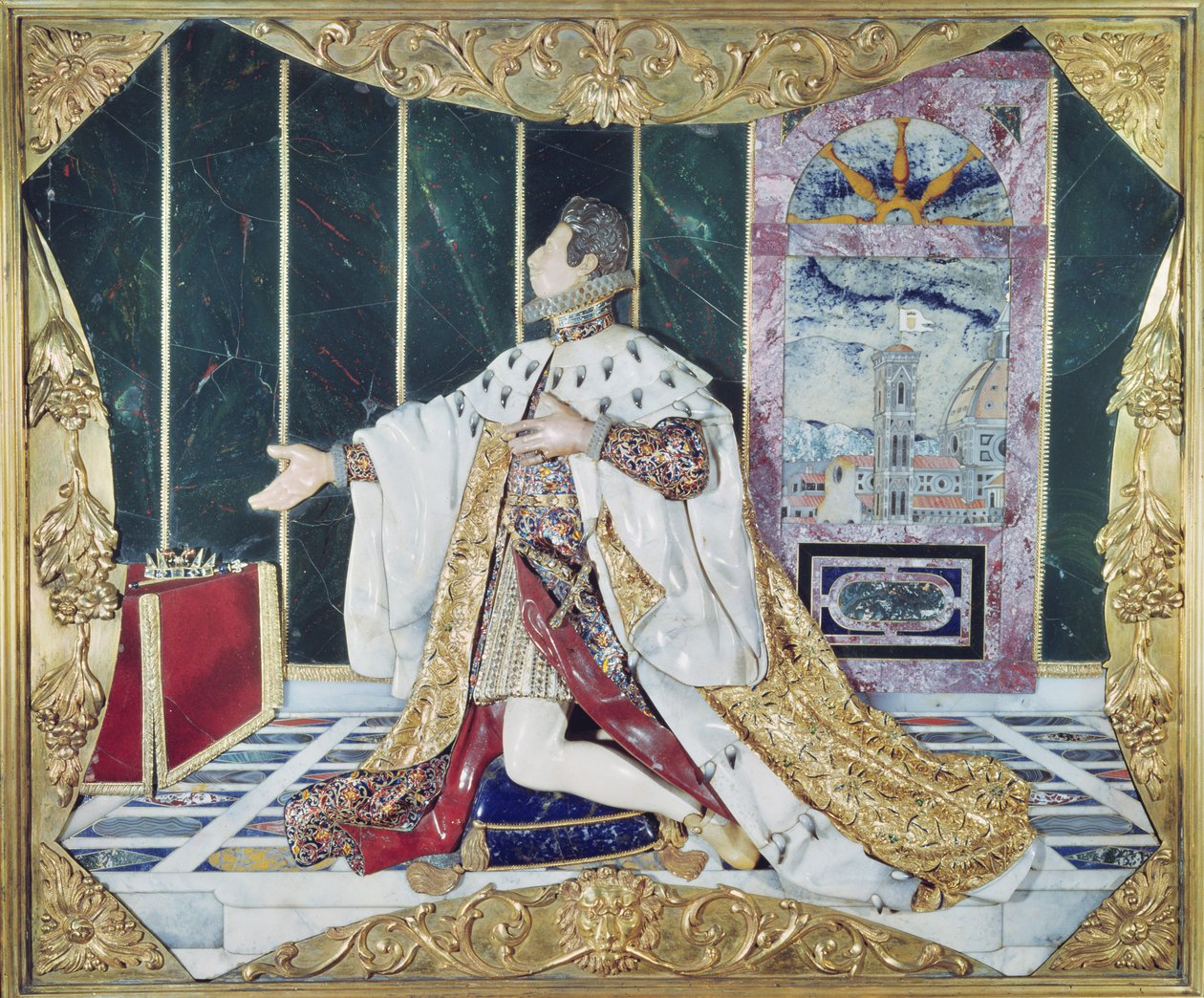 Ex-voto, 1617-24 (pietra dura, emalje, ædelstene og forgyldt bronzeramme) af Italian School