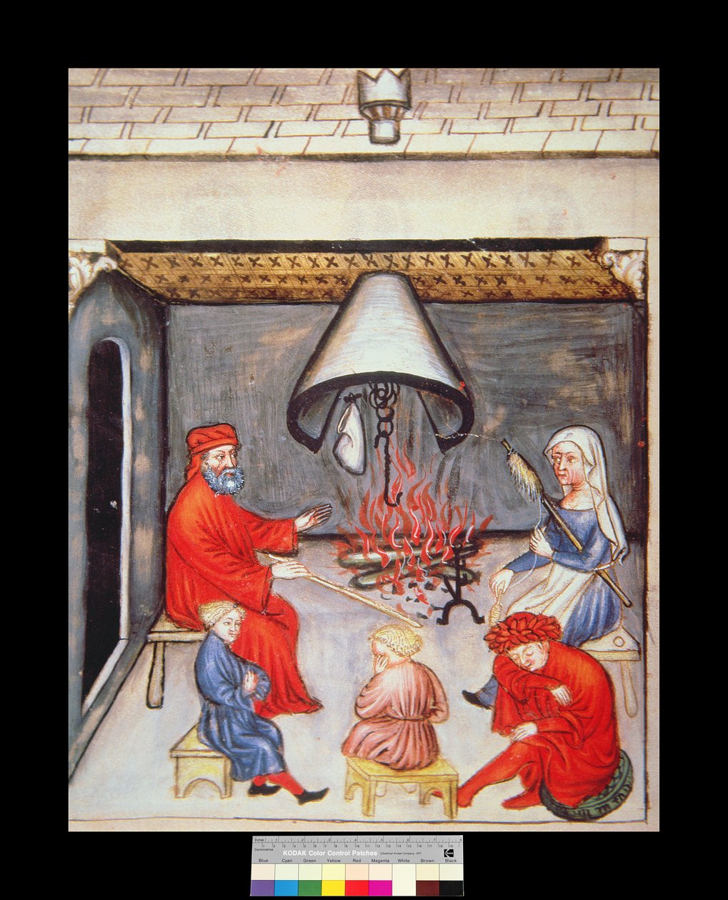 Fol.100v Samtale foran ilden, illustration fra Tacuinum Santiatis Codex Vindobonensis af Italian School