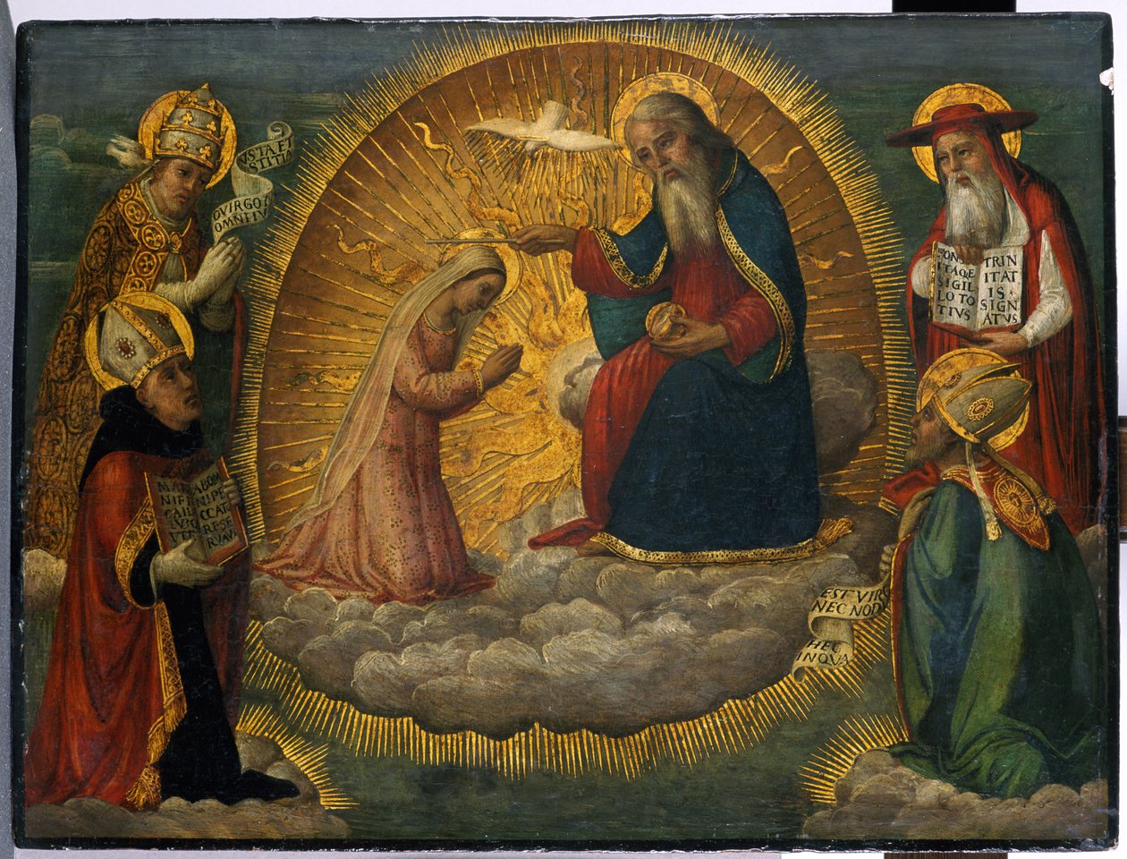 Maria foran Gud Faderen, overvåget af de fire kirkefædre (tempera på poppeltræ) af Italian School