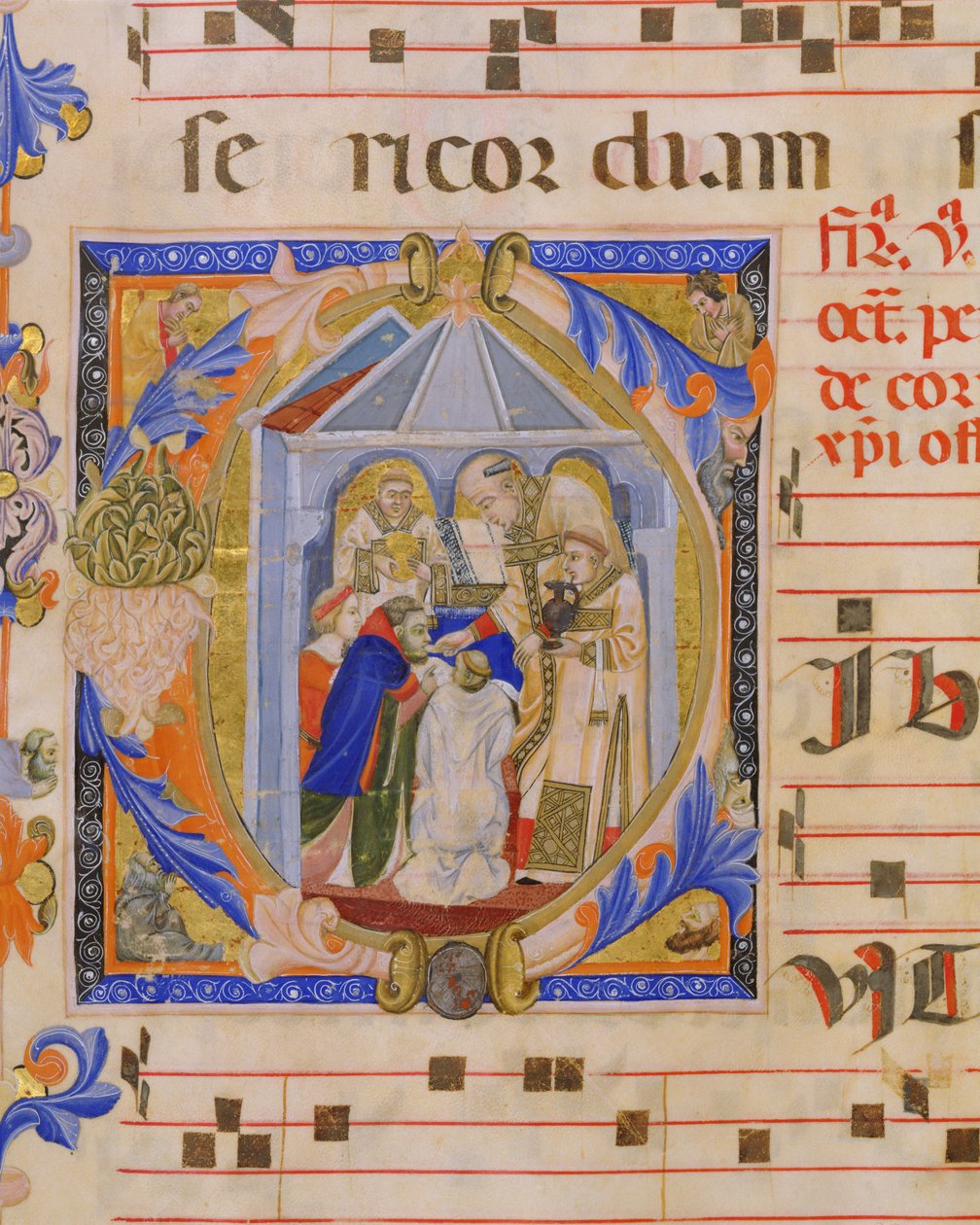 Ms 570 f.81v Historikert initial C, der forestiller eukaristien, fra Missal D, af en toscansk illuminator, fra San Marco e Cenacoli af Italian School