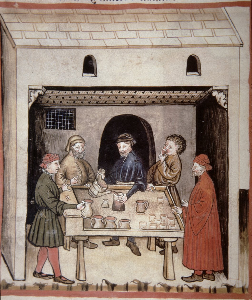 Nova 2644 f.87r smager rødvin, fra Tacuinum Hygiene Code Vindobonensis af Italian School