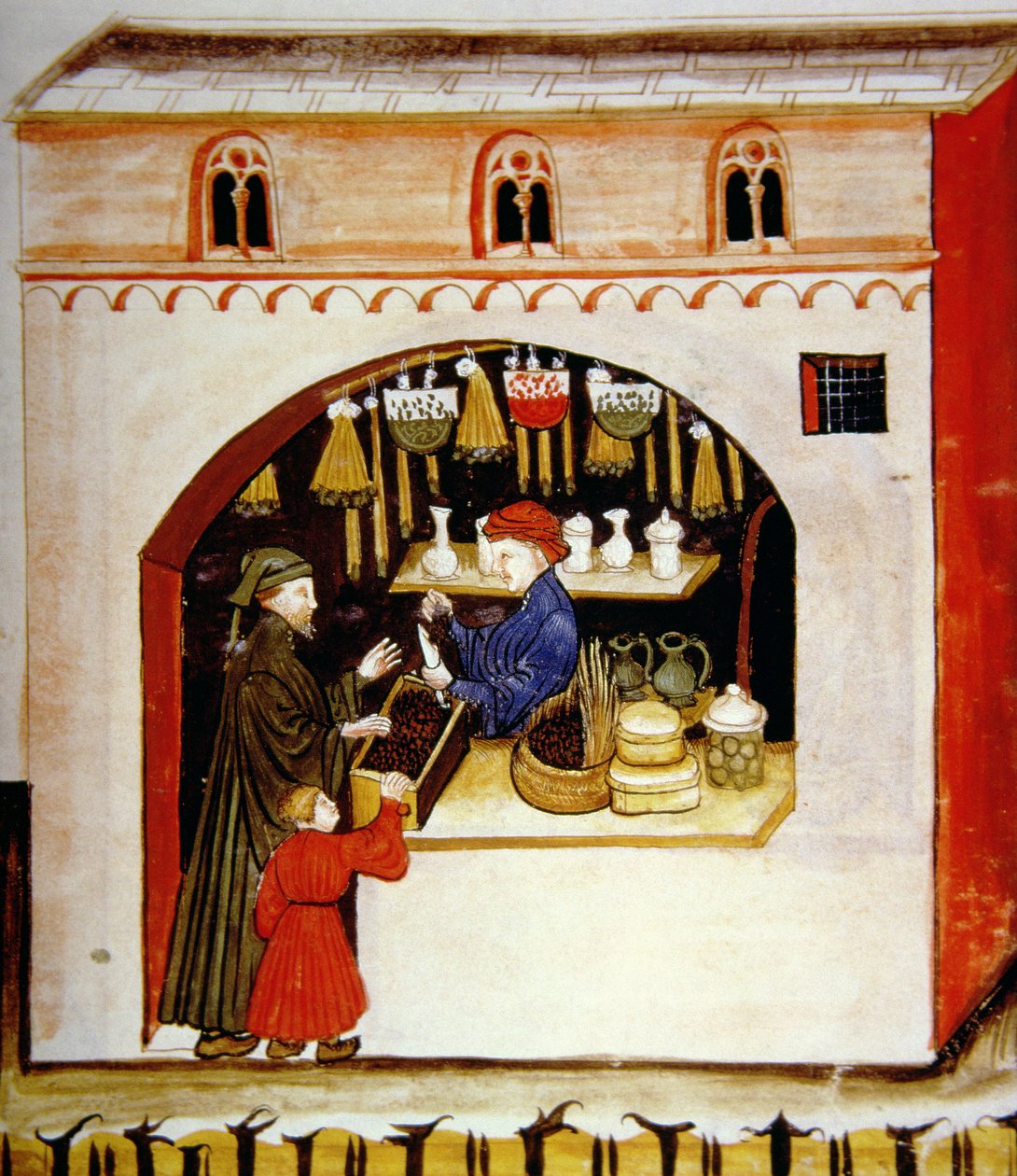 Nova 2644 fol.56r Salg af tørrede druer, fra Tacuinum Sanitatis af Italian School