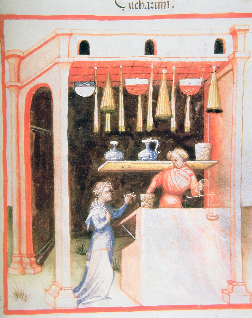 Nova 2644 fol.92r Salget af sukker, fra Tacuinum Sanitatis af Italian School