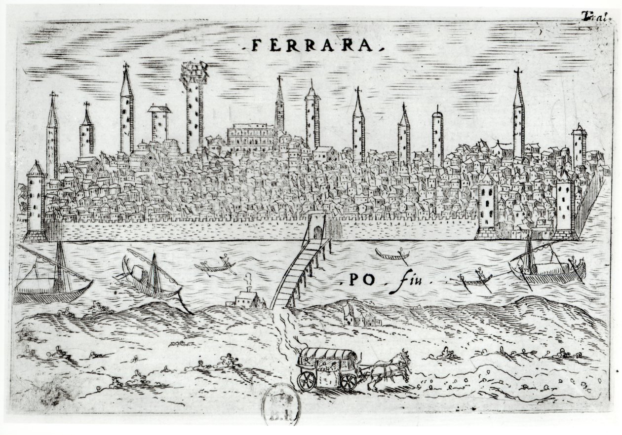 Panoramaudsigt over Ferrara fra den modsatte bred af floden Po af Italian School