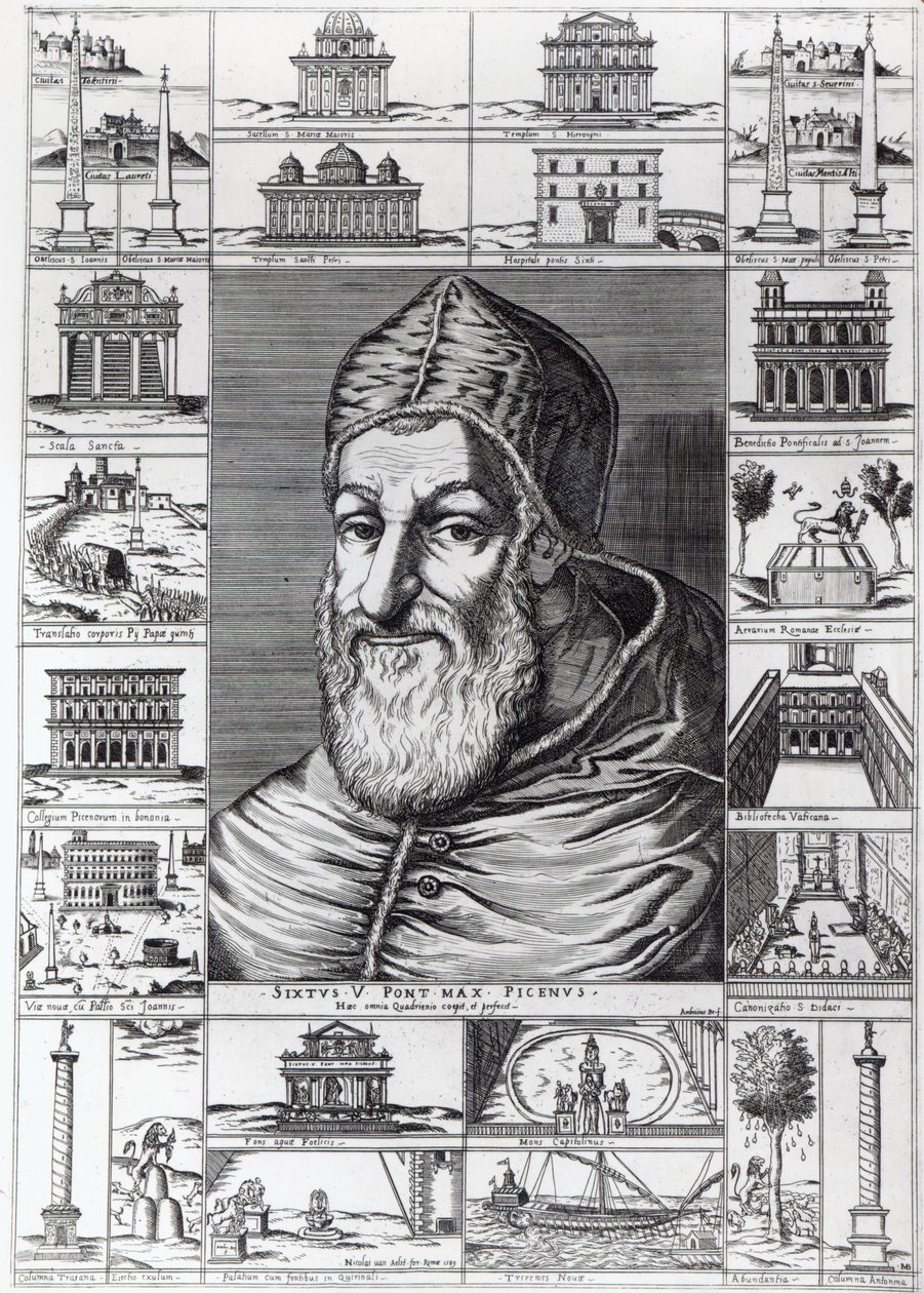 Pave Sixtus V, omgivet af kirker, bygninger og monumenter bygget eller restaureret under hans pontifikat, indgraveret af Ambrosius, 1589 af Italian School
