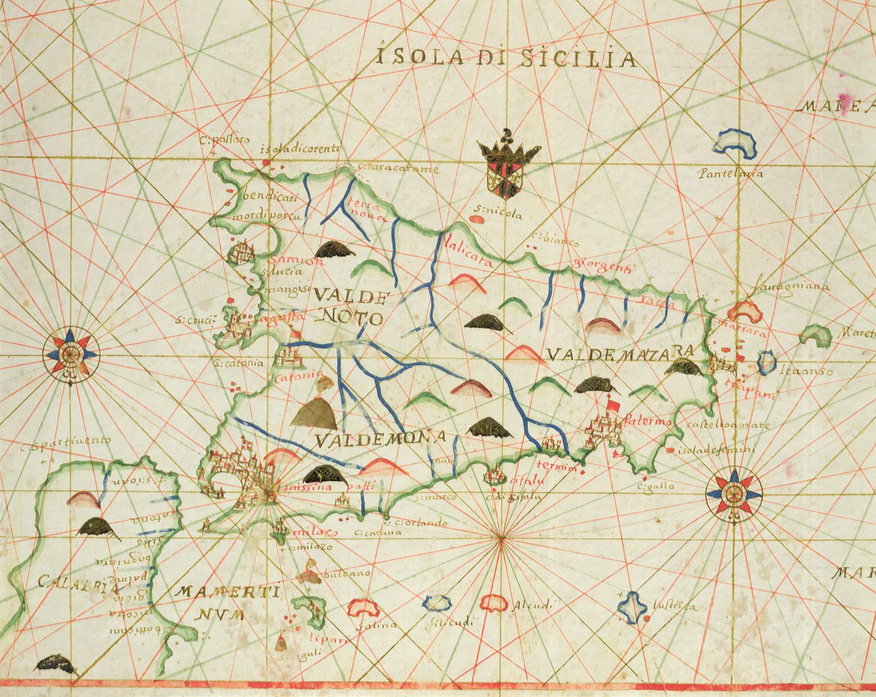 Sicilien og Messinastrædet, fra et nautisk atlas, 1646 (blæk på vellum) af Italian School