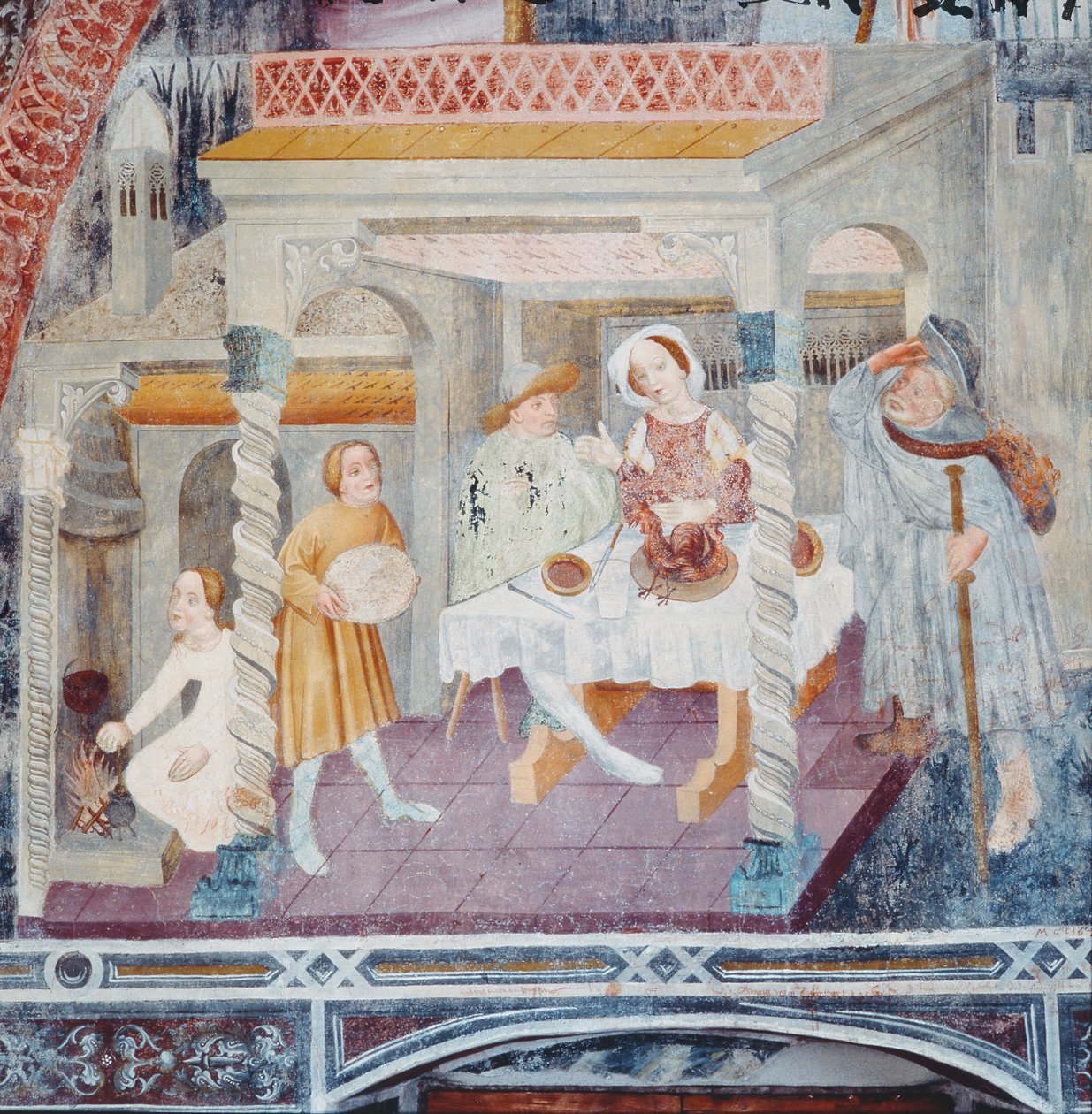 St. James kommer ind i et hus under et måltid, fra historien om St. James af Italian School