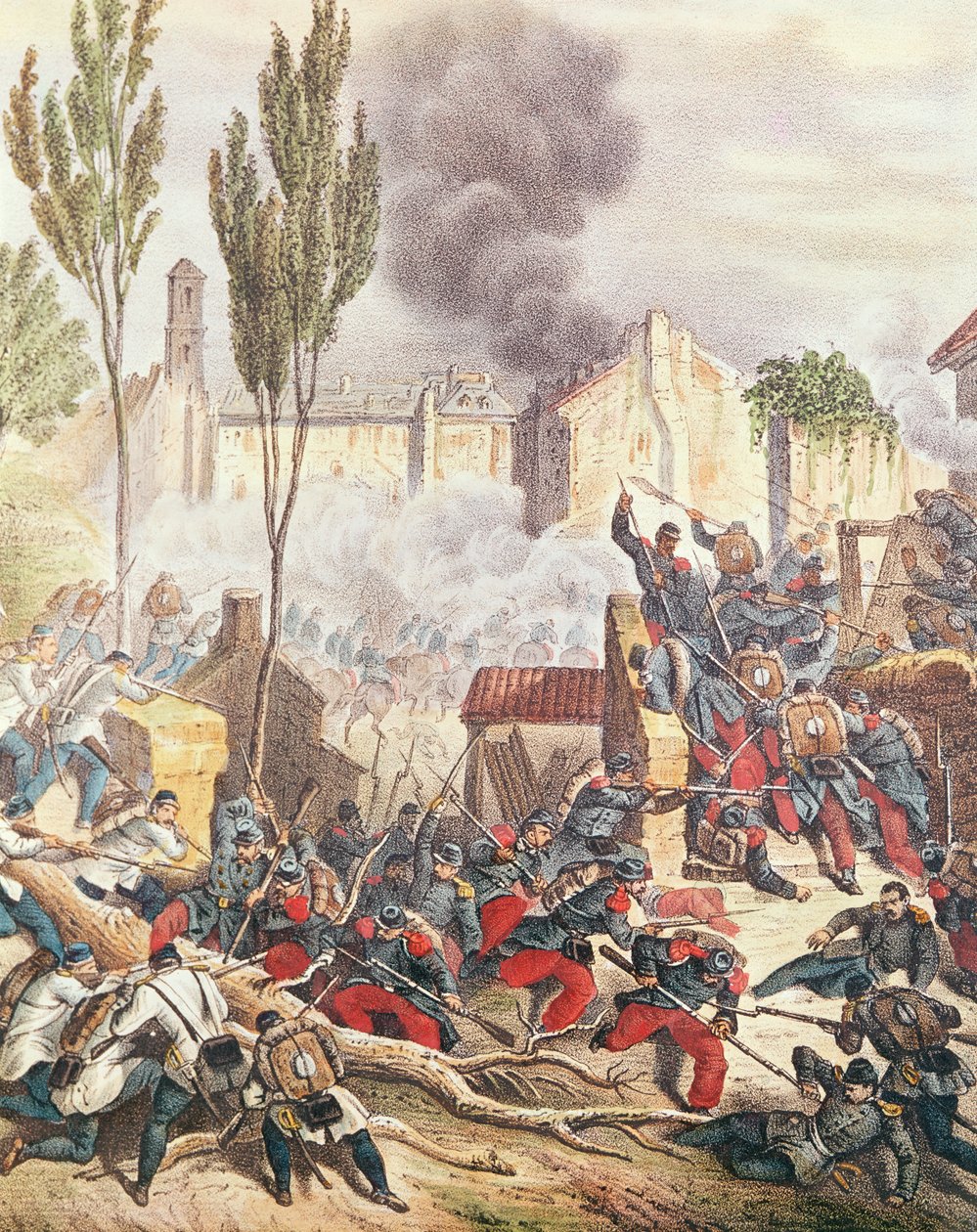 Piemonteserne og franskmændene ved slaget ved Magenta i 1859 (farvegravering) af Italian School