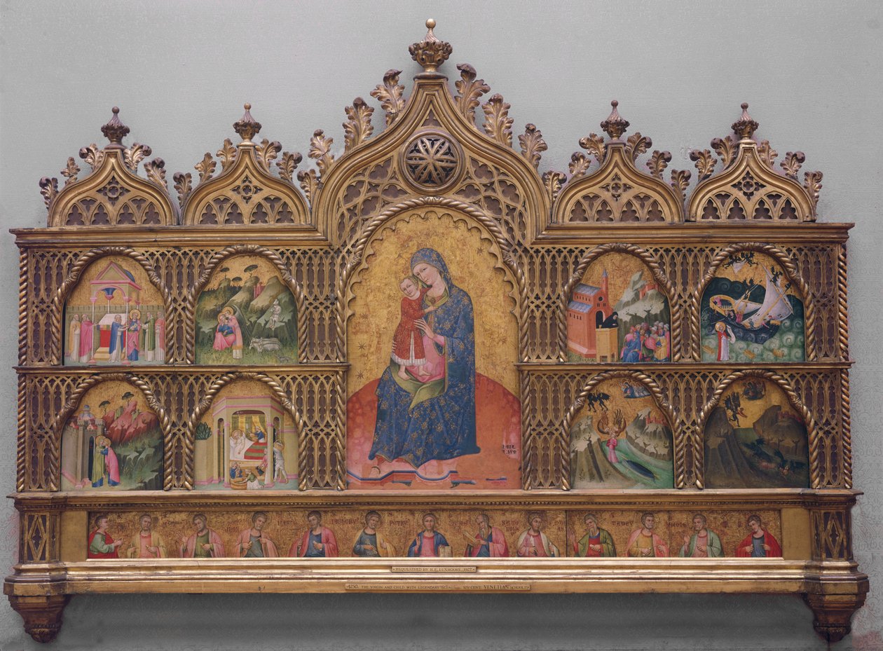 Jomfruen og barnet med legendariske scener (tempera på panel med guld) af Italian School