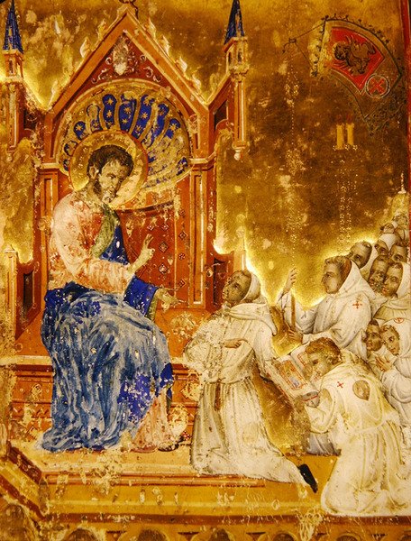 Brødrene præsenterer reglen for St. Mark, fra en Mariegola fra læglauget St. Mark, ca. 1350 (blæk & bladguld på vellum) af Italian School