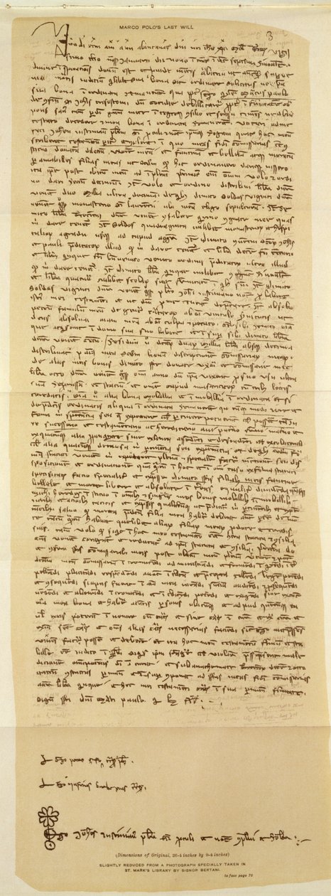 Marco Polos sidste testamente, skrevet i 1324 af Italian School