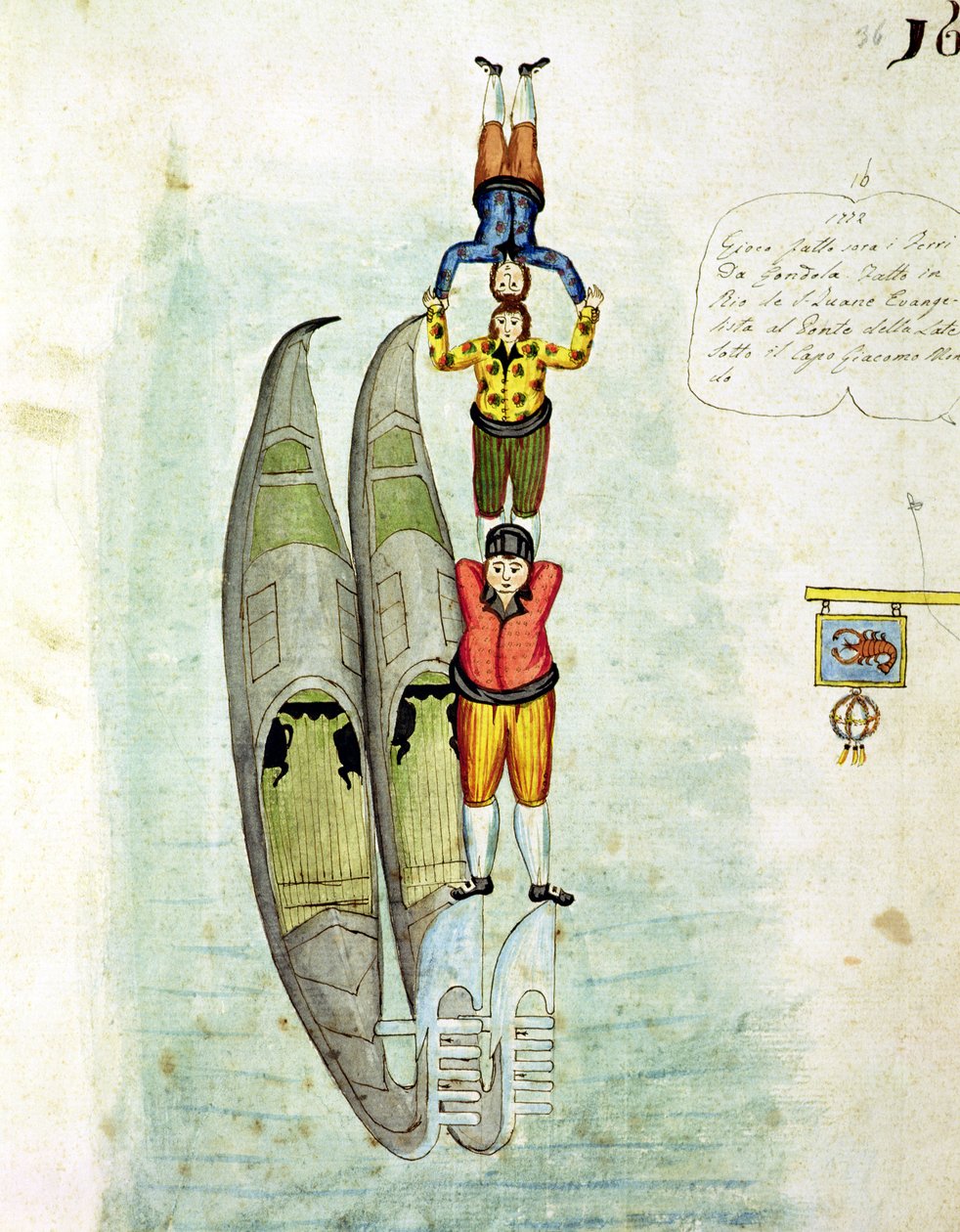Tre mænd balancerer på to gondoler, 1772 af Italian School