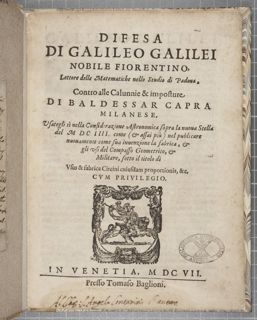 Titelblad af Difesa, af Galileo, 1607 af Italian School