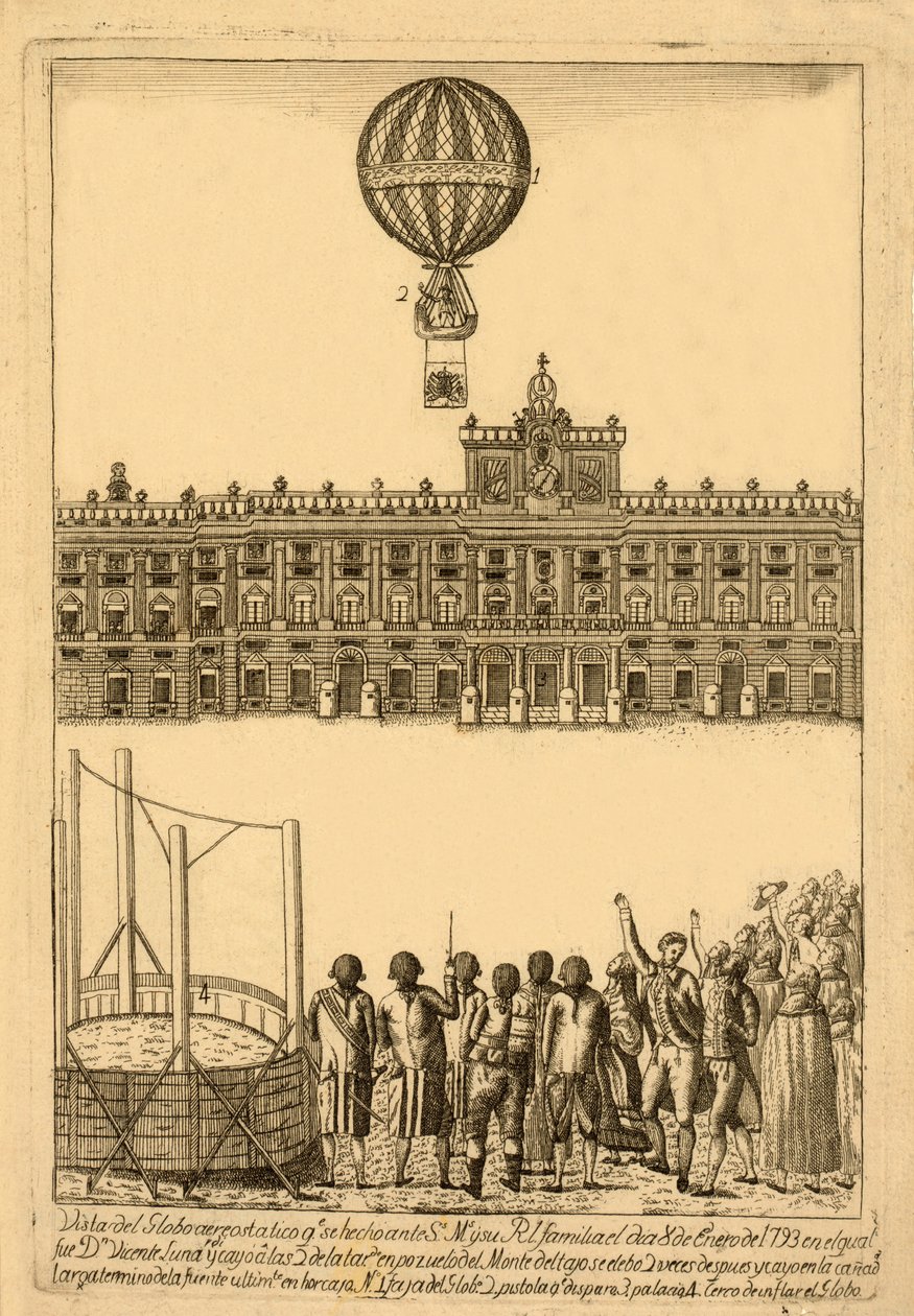 Udsigt over luftballonen, der. blev lavet før Ss. Fru og hendes Rl. familie den 8. januar 1793 hvori det var Dn. Vicente Lunardi og faldt klokken 2 om eftermiddagen?, Pub. 1793 af Italian School