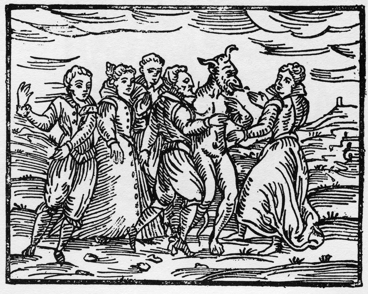 Hekse danser med Djævelen, illustration fra Compendium Maleficarum af Francesco Maria Guazzo, 1608 af Italian School