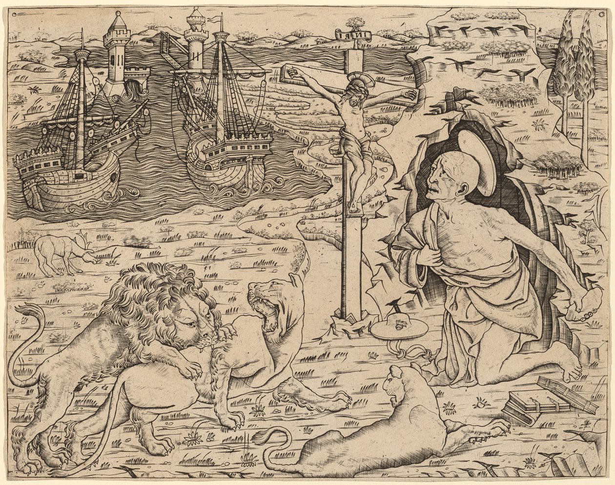 Sankt Hieronymus i anger, med to skibe i en havn af Italian 15th Century