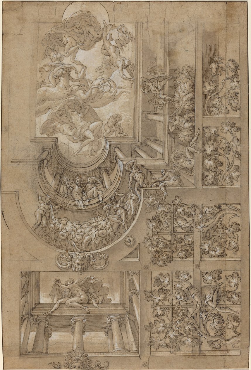 Illusionistisk loft med en druehal, figurer på gallerier og en central scene af olympiske guder af Italian 16th Century