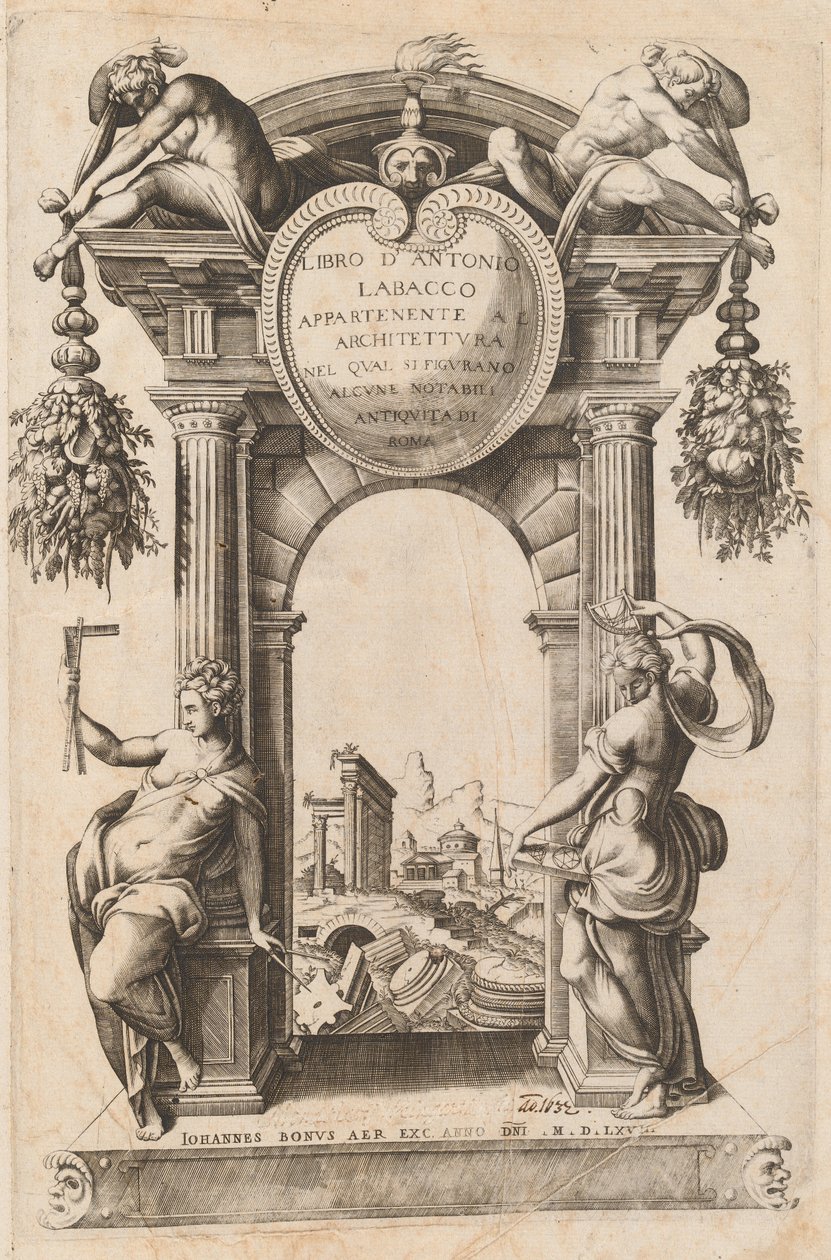 Bog, der tilhører arkitekturen [Titelside] af Italian 16th Century, after Antonio Labacco, published by Giovanni Boni