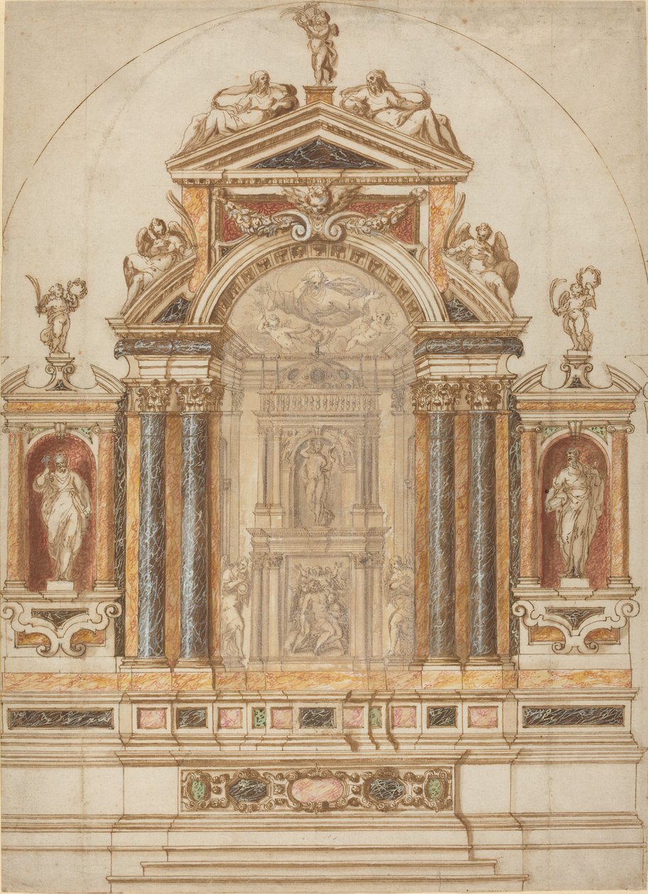 Et kunstfærdigt alter af farvet marmor prydet med skulpturer af Italian 17th Century