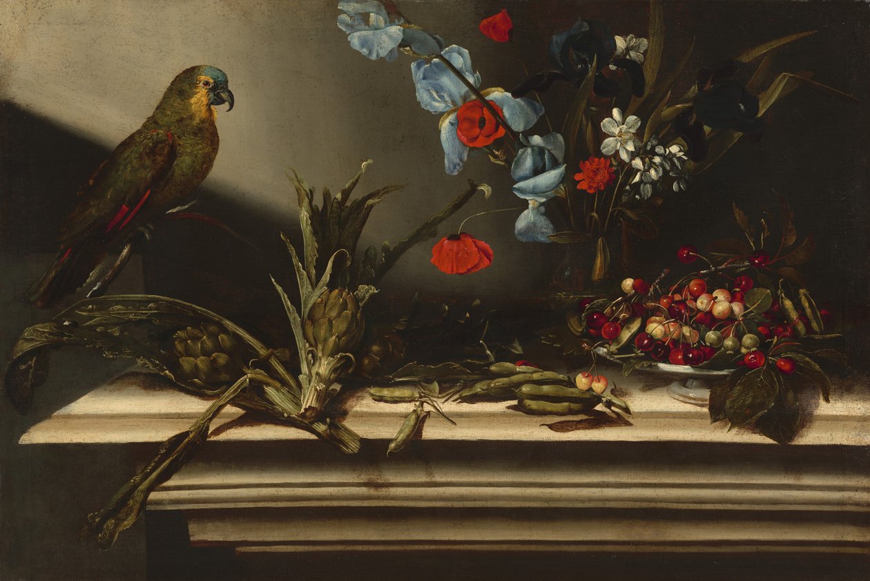 Stilleben med artiskokker og en papegøje af Italian 17th Century