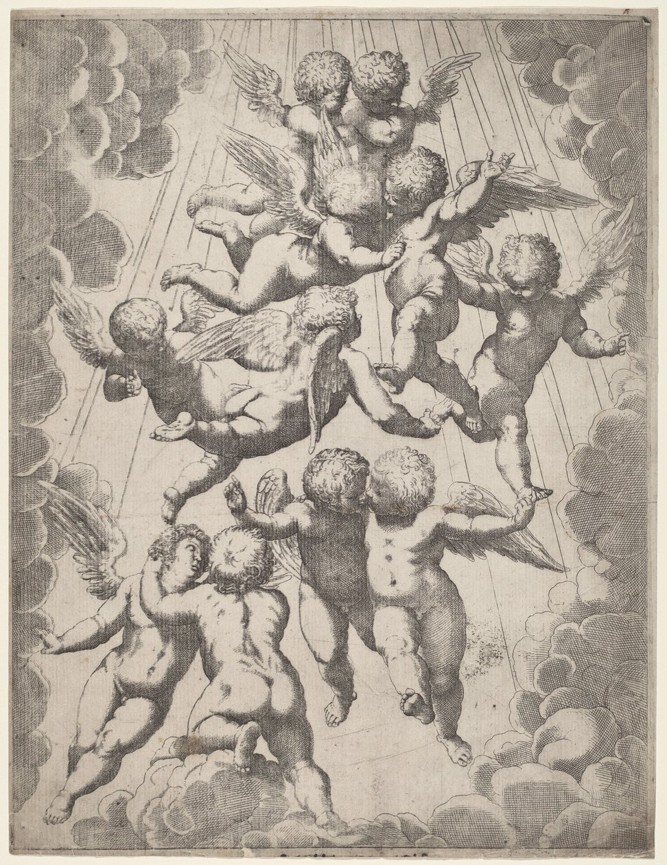 En gruppe engle i herlighed af Italian 17th Century, after Guido Reni, after Luca Cambiaso