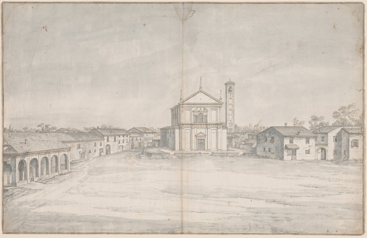En bymidte med en kirke af Italian 18th Century