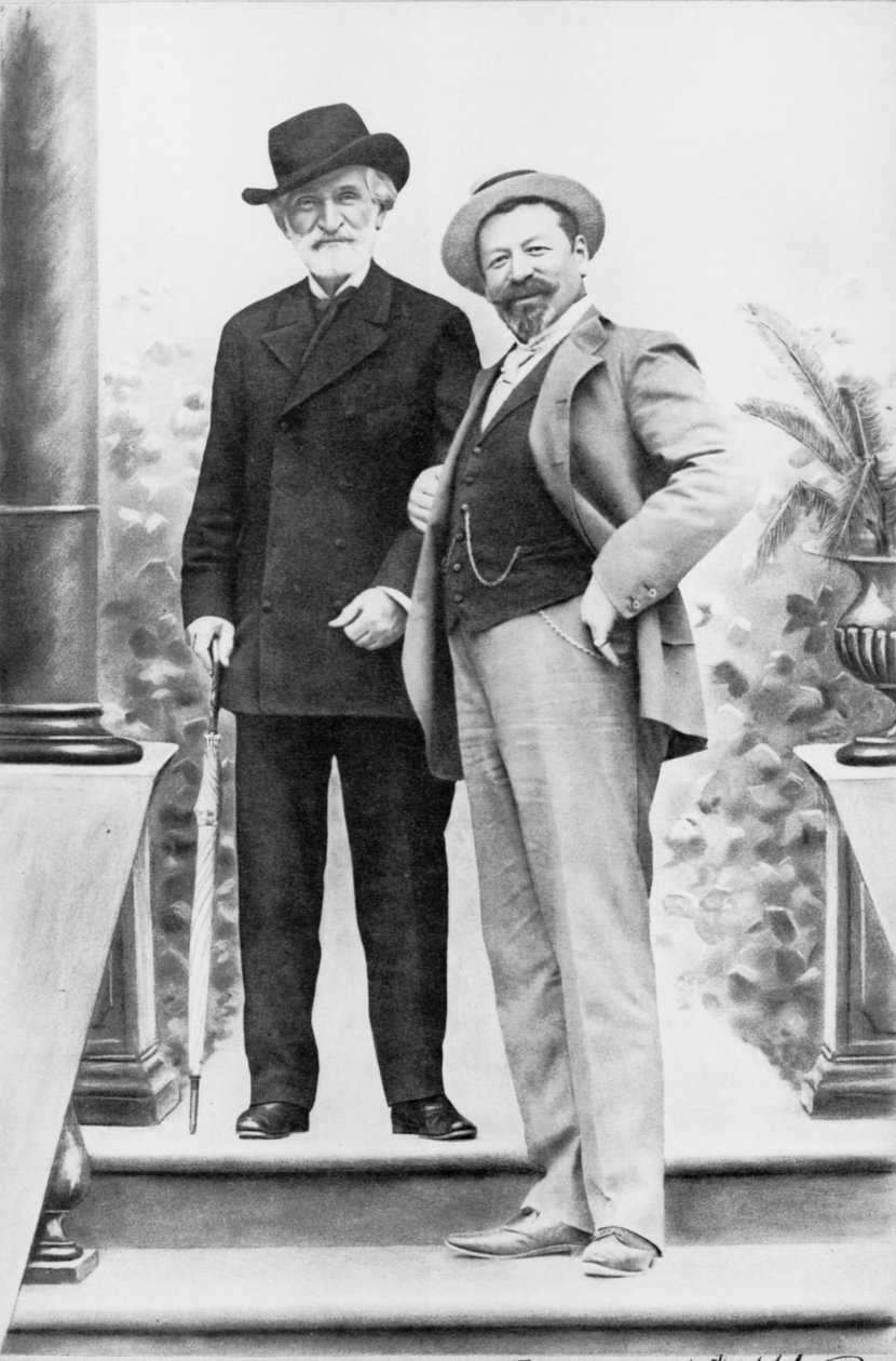 Giuseppe Verdi, italiensk komponist (1813-1901), og tenor Francesco Tamagno (1850-1905) i Montecatini i slutningen af det 19. århundrede. af Italian Photographer