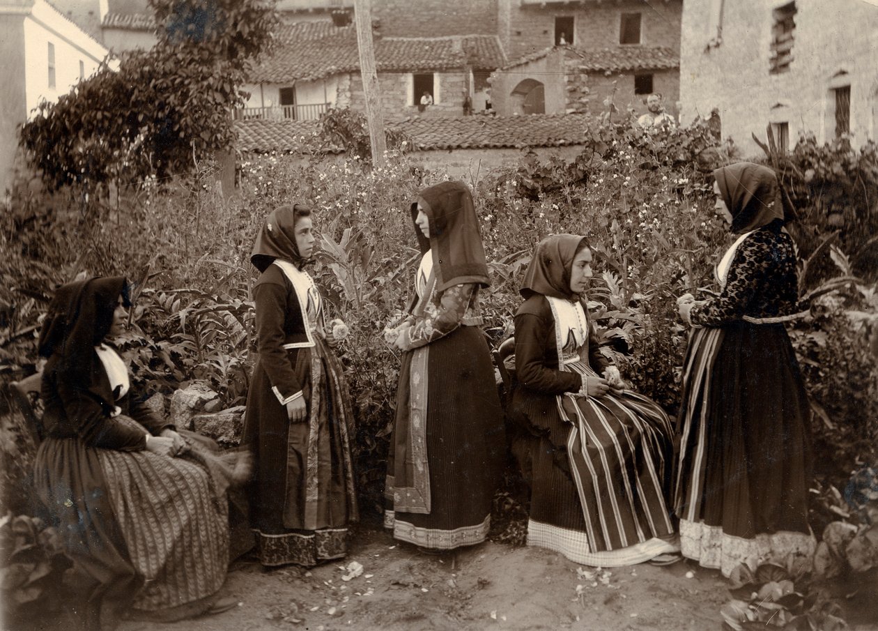 Gruppe af kvinder iført traditionelle dragter i en have, Sardinien, Italien af Italian Photographer