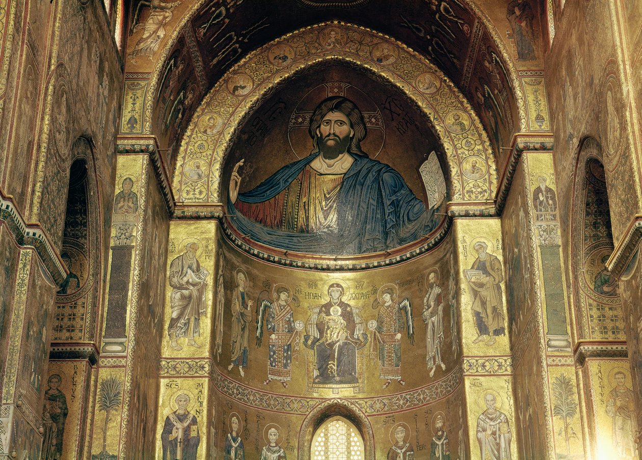 (TtoB) Kristus Pantokrator; Jomfru og barn med engle og apostle, fra hovedapsis, 12.-13. århundrede (mosaik) af Italian School